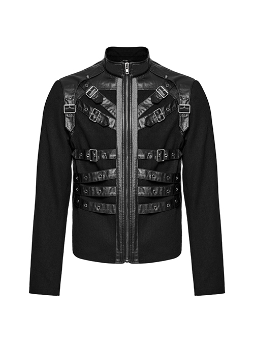 Punk Style Unique Twill Weave Fabric Patchwork Tape Cool Eyelet Loops Metal Buckle Black Long Sleeves Jacket