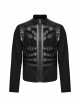 Punk Style Unique Twill Weave Fabric Patchwork Tape Cool Eyelet Loops Metal Buckle Black Long Sleeves Jacket