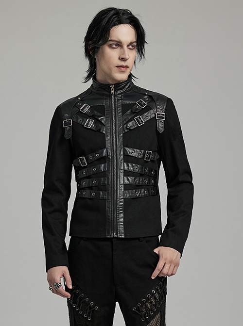 Punk Style Unique Twill Weave Fabric Patchwork Tape Cool Eyelet Loops Metal Buckle Black Long Sleeves Jacket