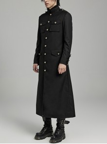 Punk Style Stand Collar Classic Military Style Metal Button Decoration Handsome Black Slim Long Jacket