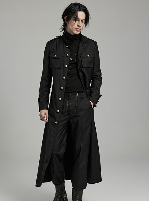 Punk Style Stand Collar Classic Military Style Metal Button Decoration Handsome Black Slim Long Jacket