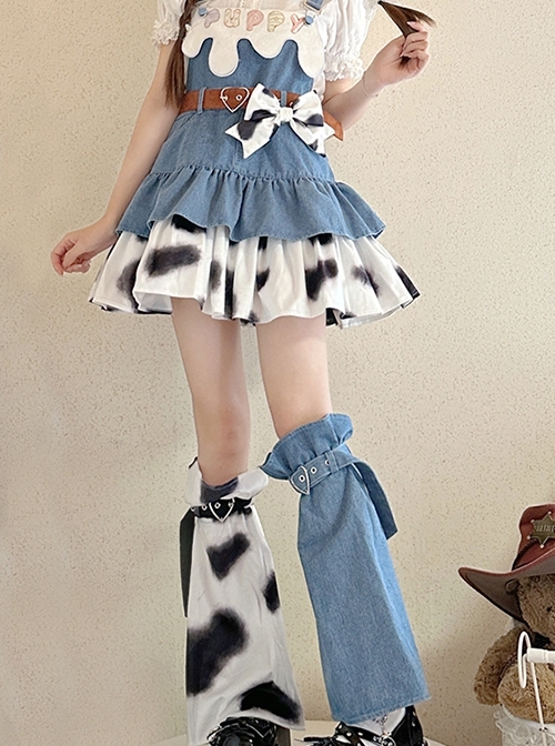 Cow Party Series Ultra Short Blue Denim Spice Black White Spots Sweet Lolita Suspender Skirt Belt Leg Sleeves Dress Set