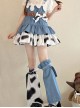 Cow Party Series Ultra Short Blue Denim Spice Black White Spots Sweet Lolita Suspender Skirt Belt Leg Sleeves Dress Set