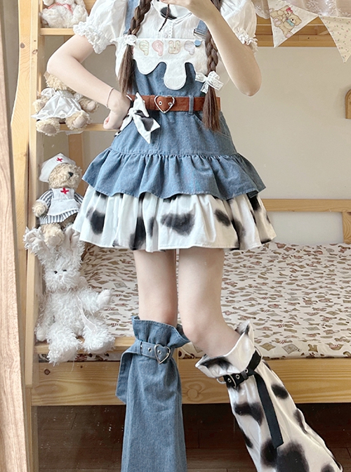 Cow Party Series Ultra Short Blue Denim Spice Black White Spots Sweet Lolita Suspender Skirt Belt Leg Sleeves Dress Set