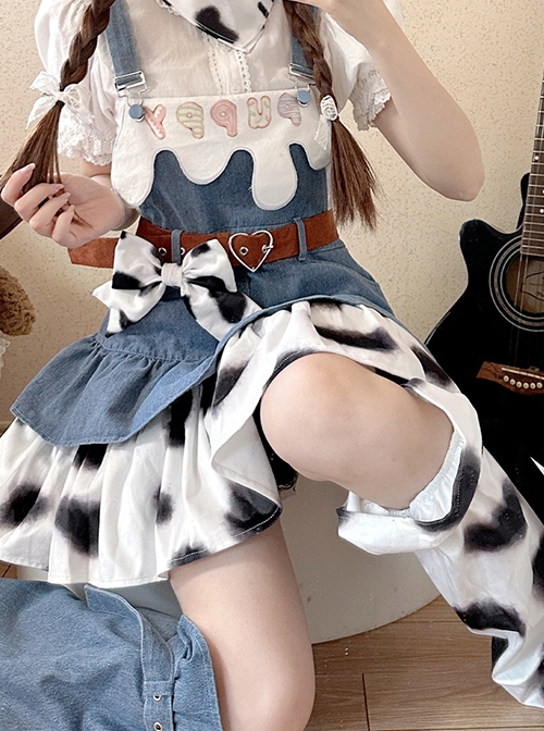 Cow Party Series Ultra Short Blue Denim Spice Black White Spots Sweet Lolita Suspender Skirt Belt Leg Sleeves Dress Set