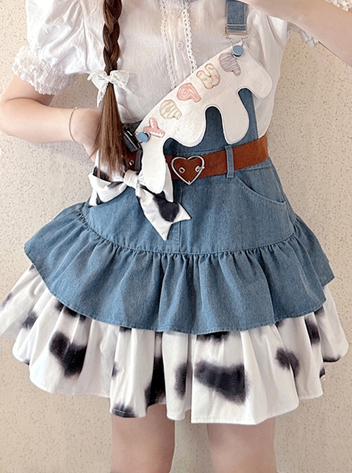 Cow Party Series Ultra Short Blue Denim Spice Black White Spots Sweet Lolita Suspender Skirt Belt Leg Sleeves Dress Set