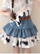 Cow Party Series Ultra Short Blue Denim Spice Black White Spots Sweet Lolita Suspender Skirt Belt Leg Sleeves Dress Set