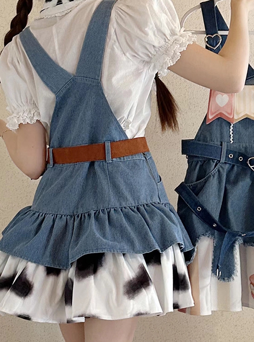 Cow Party Series Ultra Short Blue Denim Spice Black White Spots Sweet Lolita Suspender Skirt Belt Leg Sleeves Dress Set