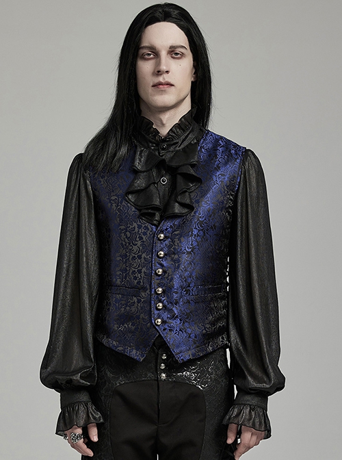 Gothic Style Exquisite Jacquard Retro Metal Buttons Elegant Blue And Black Color Blocked Male Slim Vest