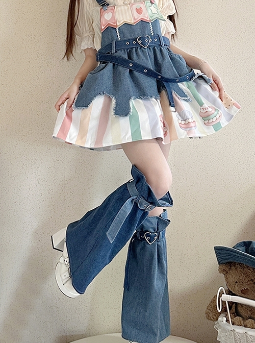 Cow Party Series Cute Colorful Cake Party Print Blue Denim Spice Sweet Lolita Suspender Skirt Belt Leg Sleeves Dress Set