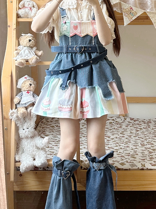 Cow Party Series Cute Colorful Cake Party Print Blue Denim Spice Sweet Lolita Suspender Skirt Belt Leg Sleeves Dress Set