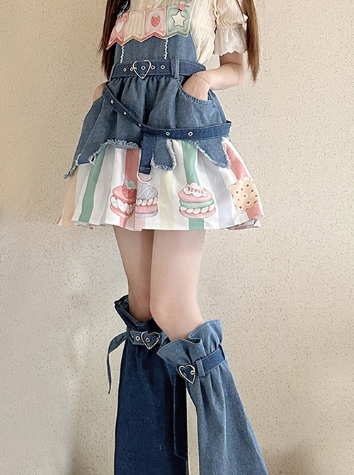 Cow Party Series Cute Colorful Cake Party Print Blue Denim Spice Sweet Lolita Suspender Skirt Belt Leg Sleeves Dress Set