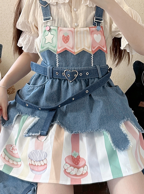 Cow Party Series Cute Colorful Cake Party Print Blue Denim Spice Sweet Lolita Suspender Skirt Belt Leg Sleeves Dress Set