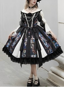 Black Classical Palace Style Gorgeous Colorful Windows Retro Lace Necklace Hat Gothic Lolita Long Sleeves Dress Set