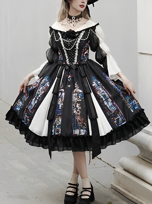 Black Classical Palace Style Gorgeous Colorful Windows Retro Lace Necklace Hat Gothic Lolita Long Sleeves Dress Set