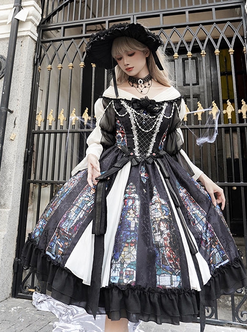 Black Classical Palace Style Gorgeous Colorful Windows Retro Lace Necklace Hat Gothic Lolita Long Sleeves Dress Set