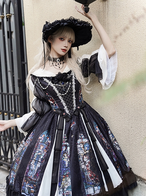 Black Classical Palace Style Gorgeous Colorful Windows Retro Lace Necklace Hat Gothic Lolita Long Sleeves Dress Set