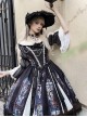 Black Classical Palace Style Gorgeous Colorful Windows Retro Lace Necklace Hat Gothic Lolita Long Sleeves Dress Set