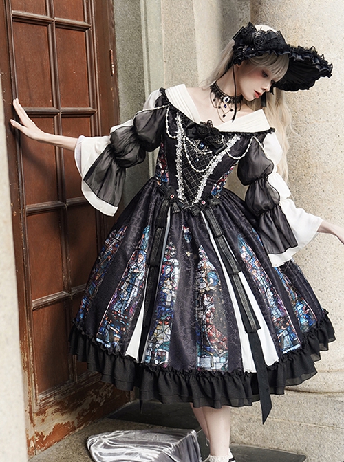 Black Classical Palace Style Gorgeous Colorful Windows Retro Lace Necklace Hat Gothic Lolita Long Sleeves Dress Set