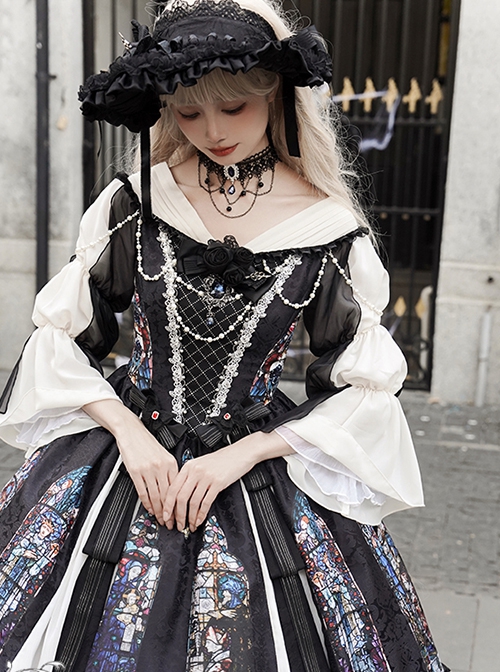 Black Classical Palace Style Gorgeous Colorful Windows Retro Lace Necklace Hat Gothic Lolita Long Sleeves Dress Set