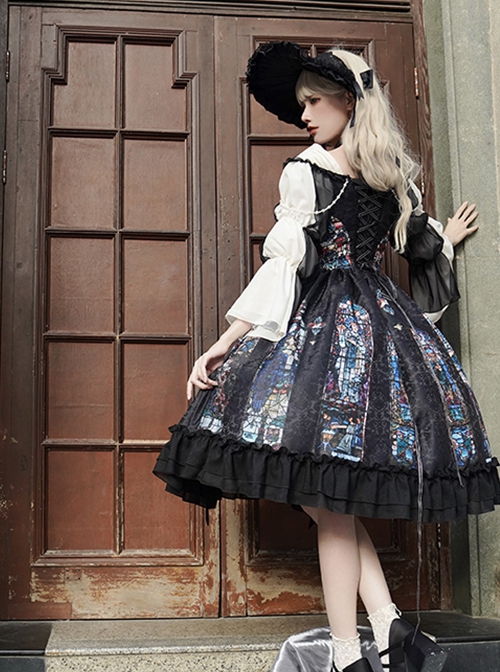 Black Classical Palace Style Gorgeous Colorful Windows Retro Lace Necklace Hat Gothic Lolita Long Sleeves Dress Set