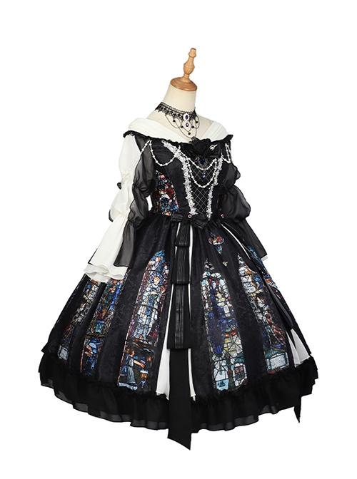 Black Classical Palace Style Gorgeous Colorful Windows Retro Lace Necklace Hat Gothic Lolita Long Sleeves Dress Set