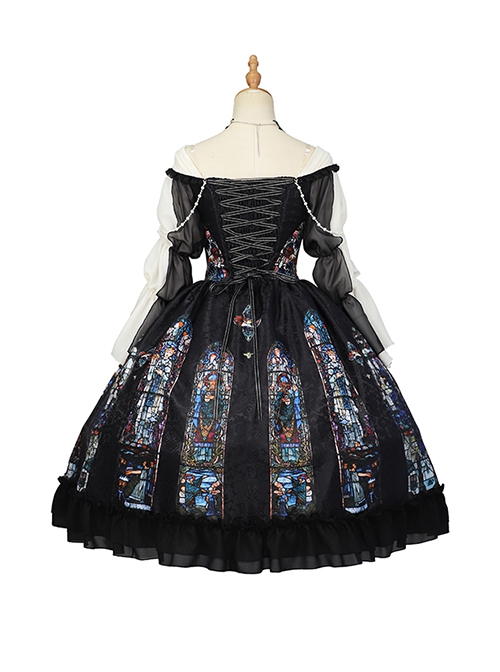 Black Classical Palace Style Gorgeous Colorful Windows Retro Lace Necklace Hat Gothic Lolita Long Sleeves Dress Set