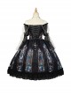 Black Classical Palace Style Gorgeous Colorful Windows Retro Lace Necklace Hat Gothic Lolita Long Sleeves Dress Set