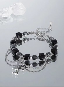 Punk Style Cool Versatile Titanium Steel Crystal Black Blocks Cross Pendants Bead Strings Bracelet
