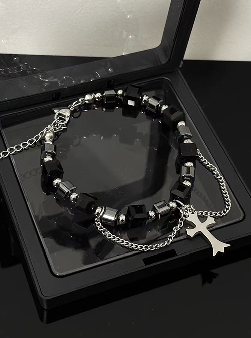 Punk Style Cool Versatile Titanium Steel Crystal Black Blocks Cross Pendants Bead Strings Bracelet