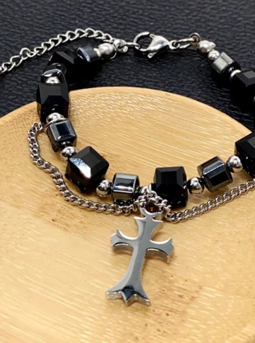 Punk Style Cool Versatile Titanium Steel Crystal Black Blocks Cross Pendants Bead Strings Bracelet