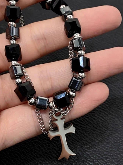 Punk Style Cool Versatile Titanium Steel Crystal Black Blocks Cross Pendants Bead Strings Bracelet