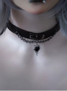 Black Heart Pendant Metal Chain Handmade Imitated Leather Choker Accessory Gothic Punk Style Necklace