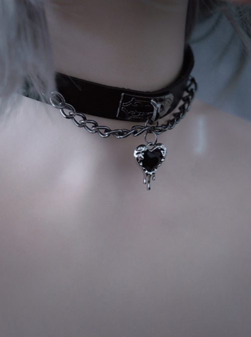 Black Heart Pendant Metal Chain Handmade Imitated Leather Choker Accessory Gothic Punk Style Necklace