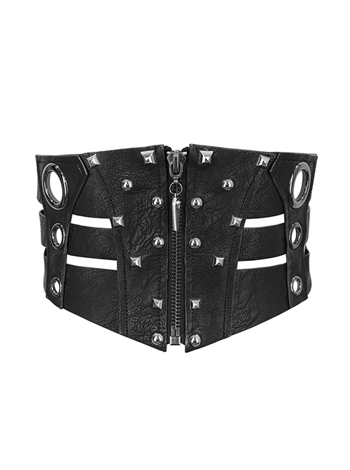 Punk Style Wild Coarse Grain Leather With Retro Chicken Eye Rivets On Both Sides Black Adjustable Belt