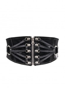 Punk Style Wild Coarse Grain Leather With Retro Chicken Eye Rivets On Both Sides Black Adjustable Belt