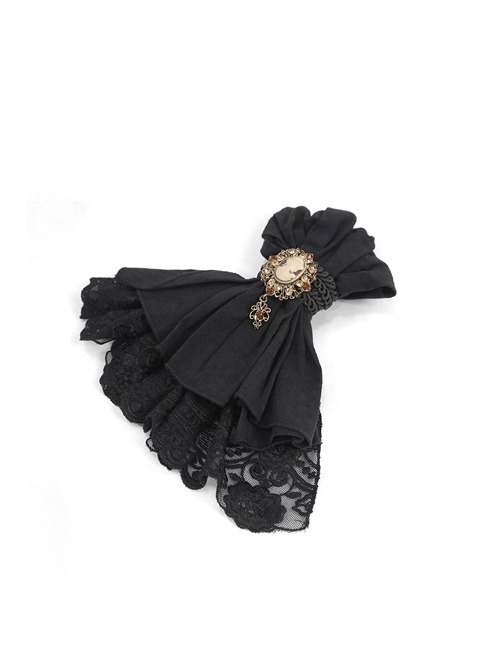 Gothic Elegant Tassel Jacquard Stitching Lace Hem Bottom Pin Clip Black Neutral Collar