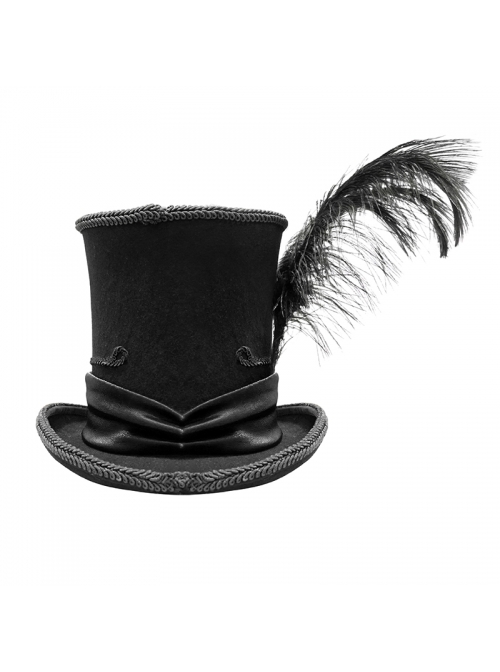 Gothic Style Gentleman High Top Lace Ribbon Front Center Red Glass Diamond Side Feather Black Hat