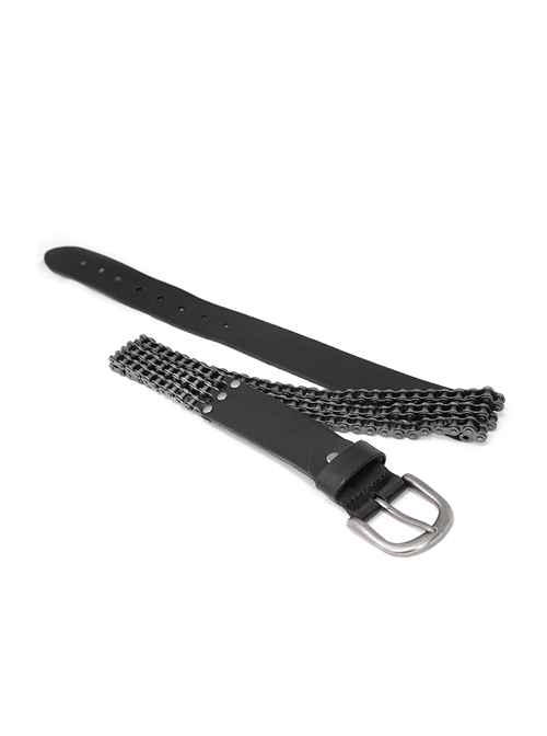 Punk Style Old-Fashioned Metal Rivet Bicycle Chain Stitching Black Leather Retro Buckle Belt