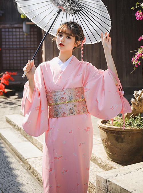 Pink Cherry Blossom Season Fan Japanese Style Kawaii Fashion Dress Formal Wear Bathrobe Cute Kimono