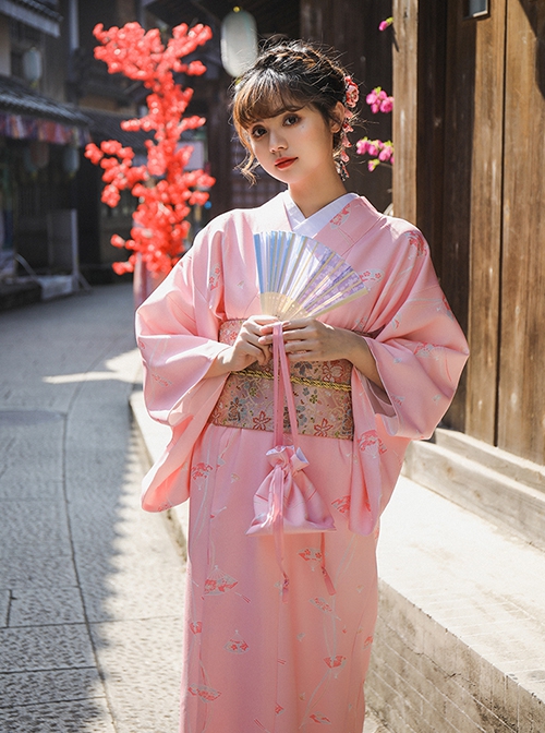 Pink Cherry Blossom Season Fan Japanese Style Kawaii Fashion Dress Formal Wear Bathrobe Cute Kimono