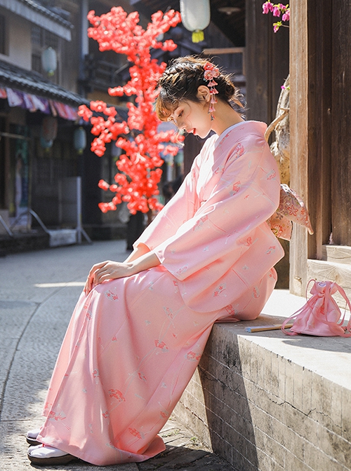 Pink Cherry Blossom Season Fan Japanese Style Kawaii Fashion Dress Formal Wear Bathrobe Cute Kimono