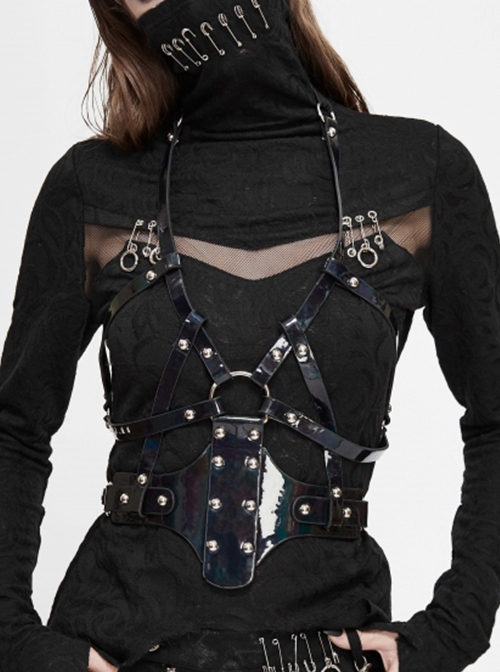 Punk Style Sexy Halter Neck Slim Fit Waist Adjustable Black Vintage Women's Leather Harness