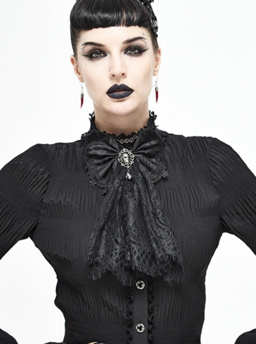 Gothic Elegant Lace Hem Stitching Jacquard Front Center Diamond Pendant Black Collar Ornament