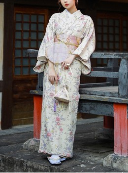 Retro Floral Japanese Style Dress Formal Wear Kawaii Fashion Flowers Print Elegant Beige Kimono