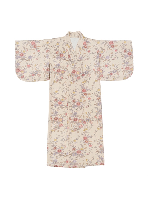 Retro Floral Japanese Style Dress Formal Wear Kawaii Fashion Flowers Print Elegant Beige Kimono