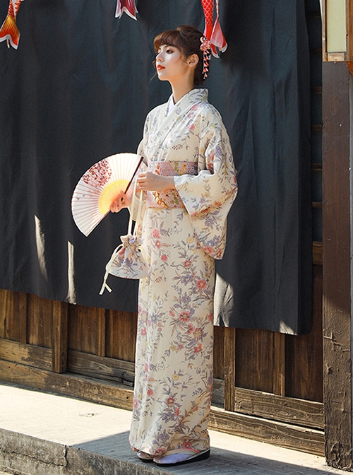 Retro Floral Japanese Style Dress Formal Wear Kawaii Fashion Flowers Print Elegant Beige Kimono