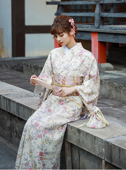 Retro Floral Japanese Style Dress Formal Wear Kawaii Fashion Flowers Print Elegant Beige Kimono