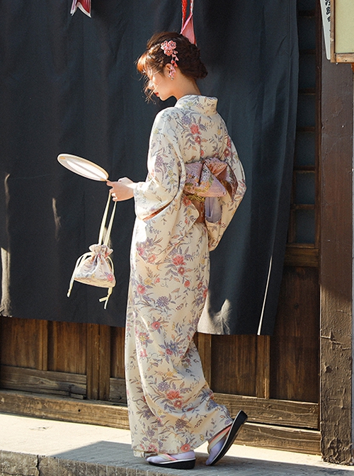 Retro Floral Japanese Style Dress Formal Wear Kawaii Fashion Flowers Print Elegant Beige Kimono