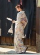 Retro Floral Japanese Style Dress Formal Wear Kawaii Fashion Flowers Print Elegant Beige Kimono